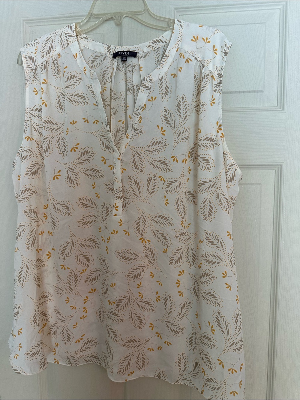 NYDJ Cream Sleeveless Blouse with Mustard Leaf Print